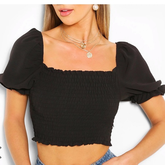 Boohoo Tops - Boohoo black linen shirred puff sleeve shirt